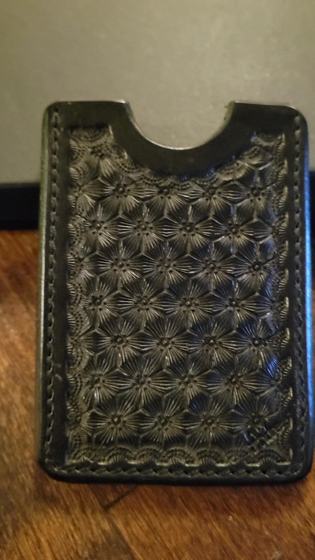 Pocket Money and Card Holder – Black Tooled Leather with Gray Elephant Ear Leather