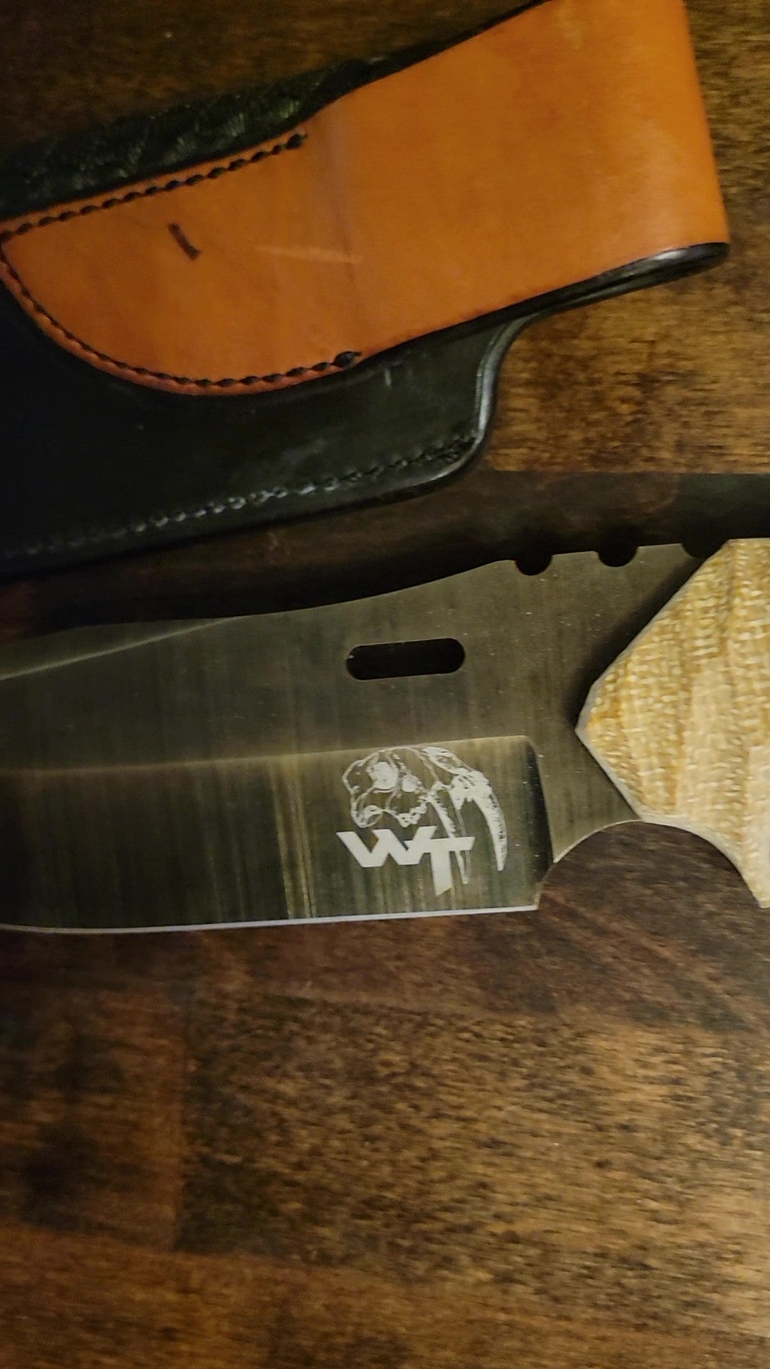 🖤 Primitive Wanderer Knife with Micarta Handle & Rare Black Tooled Pebble Scale Sheath by Slickbald– Raw Edge, Refined Hide