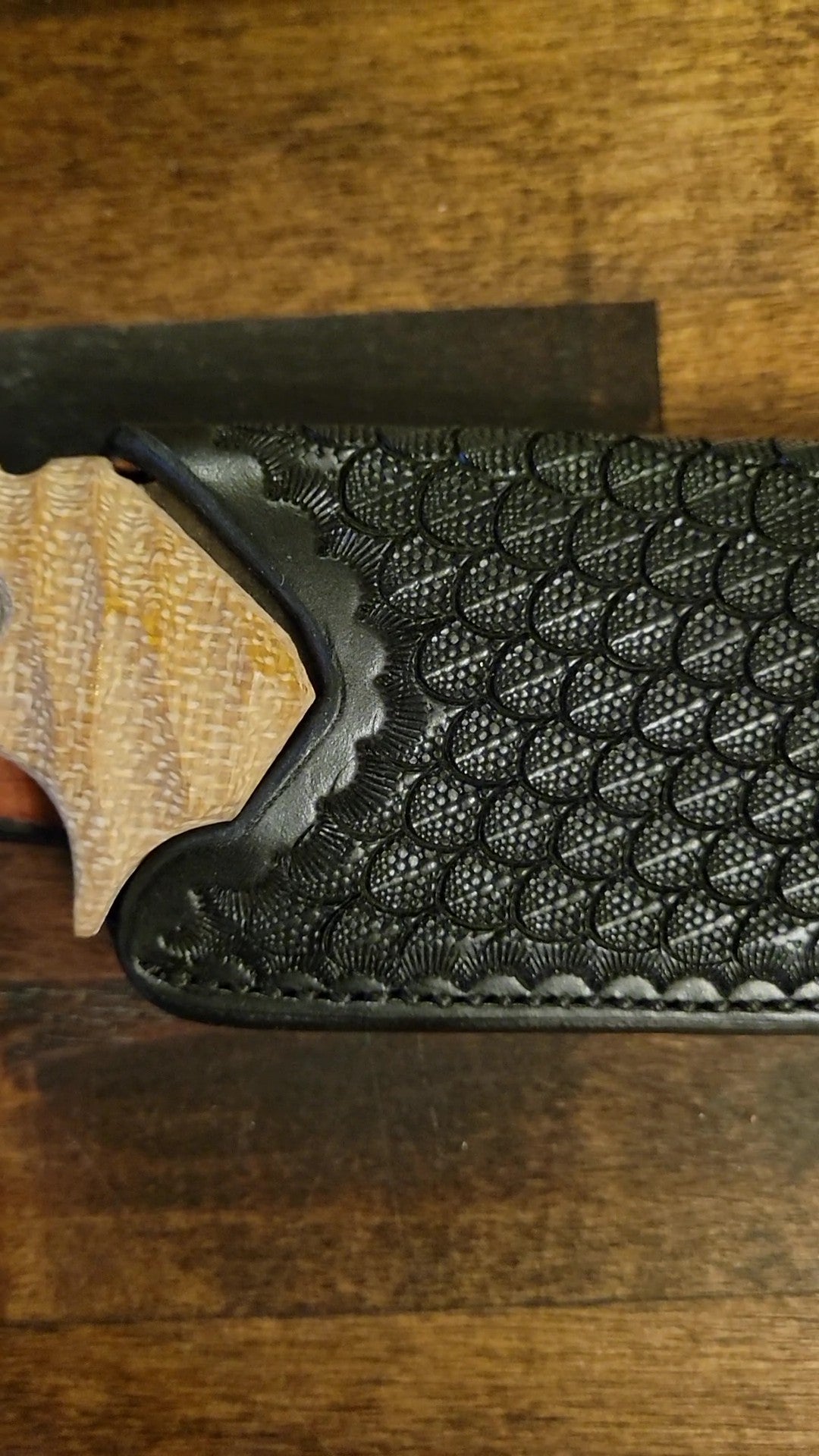 🖤 Primitive Wanderer Knife with Micarta Handle & Rare Black Tooled Pebble Scale Sheath by Slickbald– Raw Edge, Refined Hide