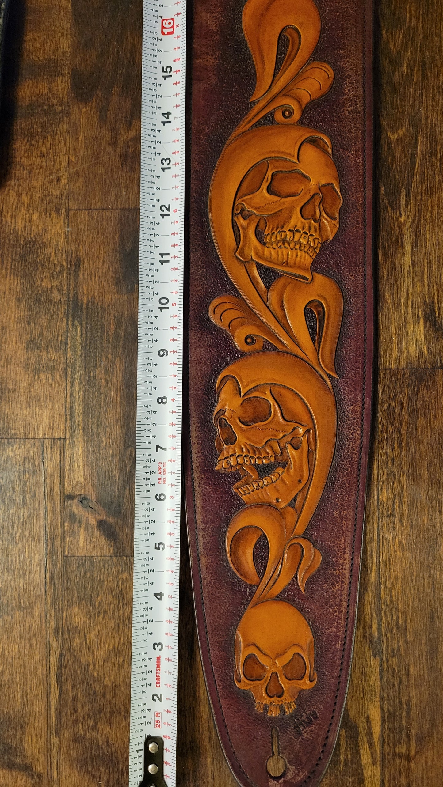 Hand-Carved Skulls and Vines Hermann Oak Leather Guitar Strap with Wildebeest Lining - Reversible – Limited Edition Premium Gift by Slickbald Customs