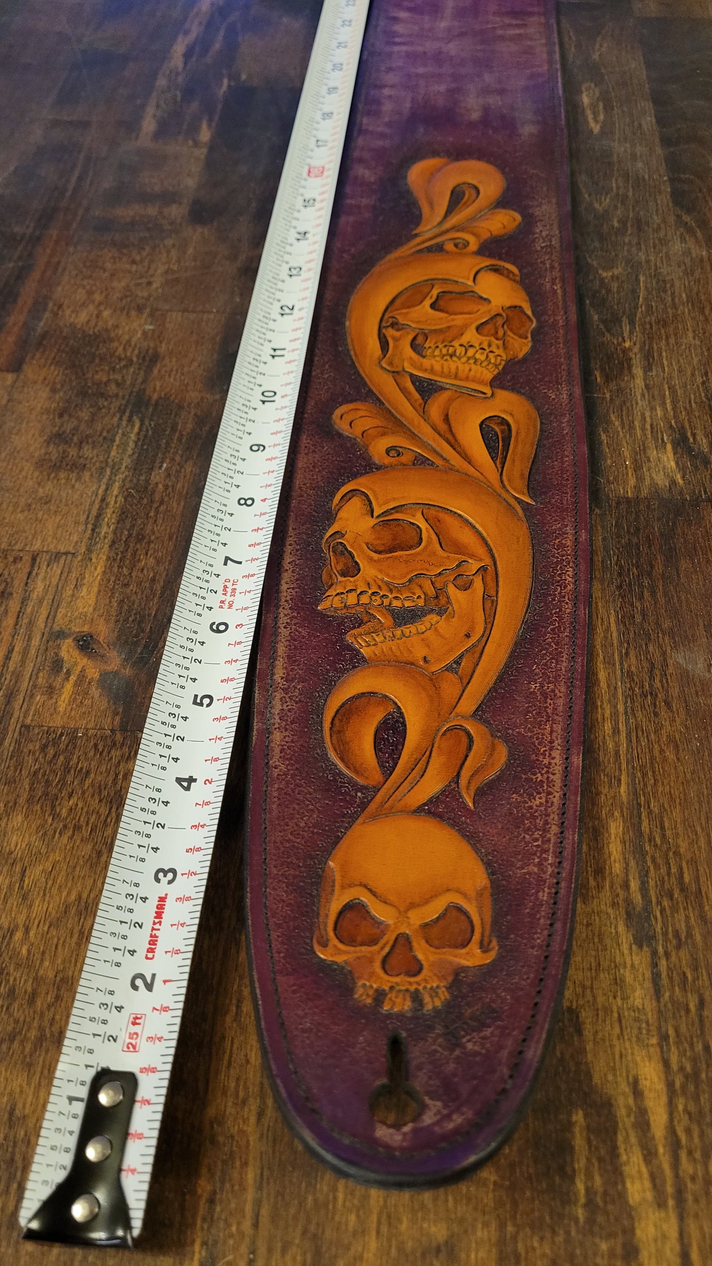 Hand-Carved Skulls and Vines Hermann Oak Leather Guitar Strap with Wildebeest Lining - Reversible – Limited Edition Premium Gift by Slickbald Customs
