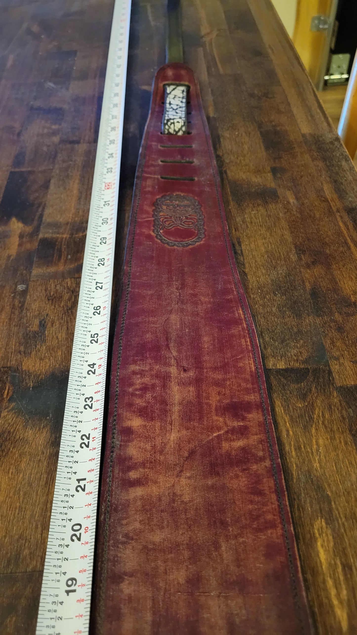 Hand-Carved Skulls and Vines Hermann Oak Leather Guitar Strap with Wildebeest Lining - Reversible – Limited Edition Premium Gift by Slickbald Customs
