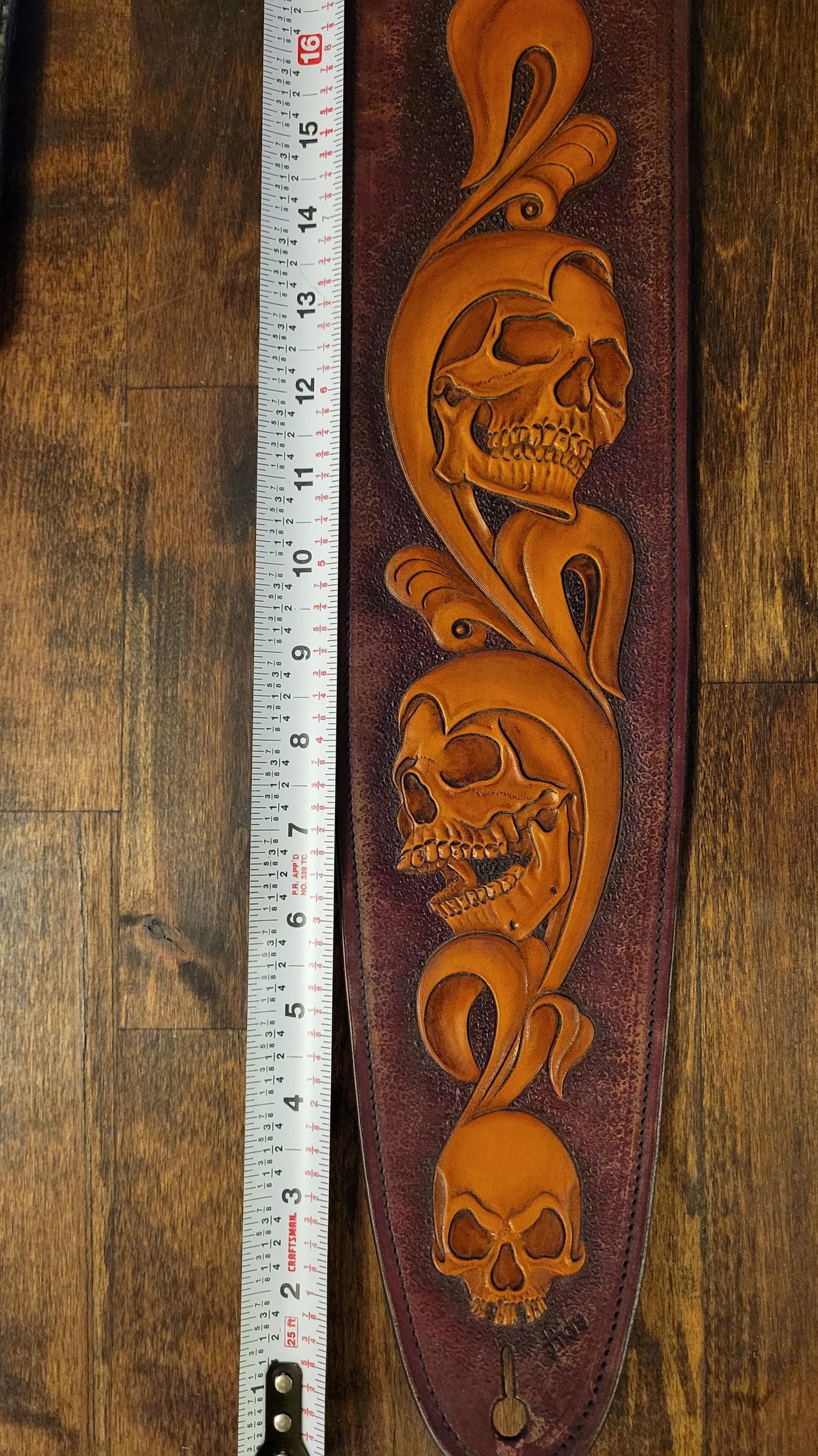 Hand-Carved Skulls and Vines Hermann Oak Leather Guitar Strap with Wildebeest Lining - Reversible – Limited Edition Premium Gift by Slickbald Customs