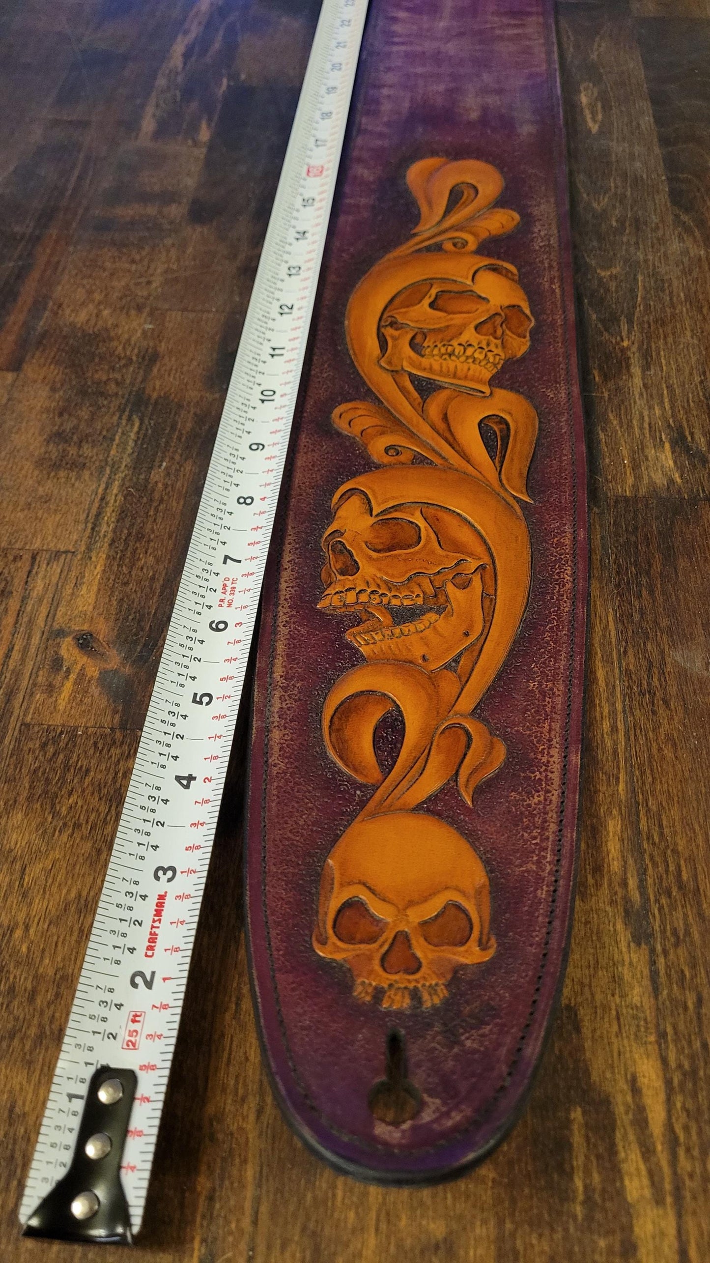 Hand-Carved Skulls and Vines Hermann Oak Leather Guitar Strap with Wildebeest Lining - Reversible – Limited Edition Premium Gift by Slickbald Customs