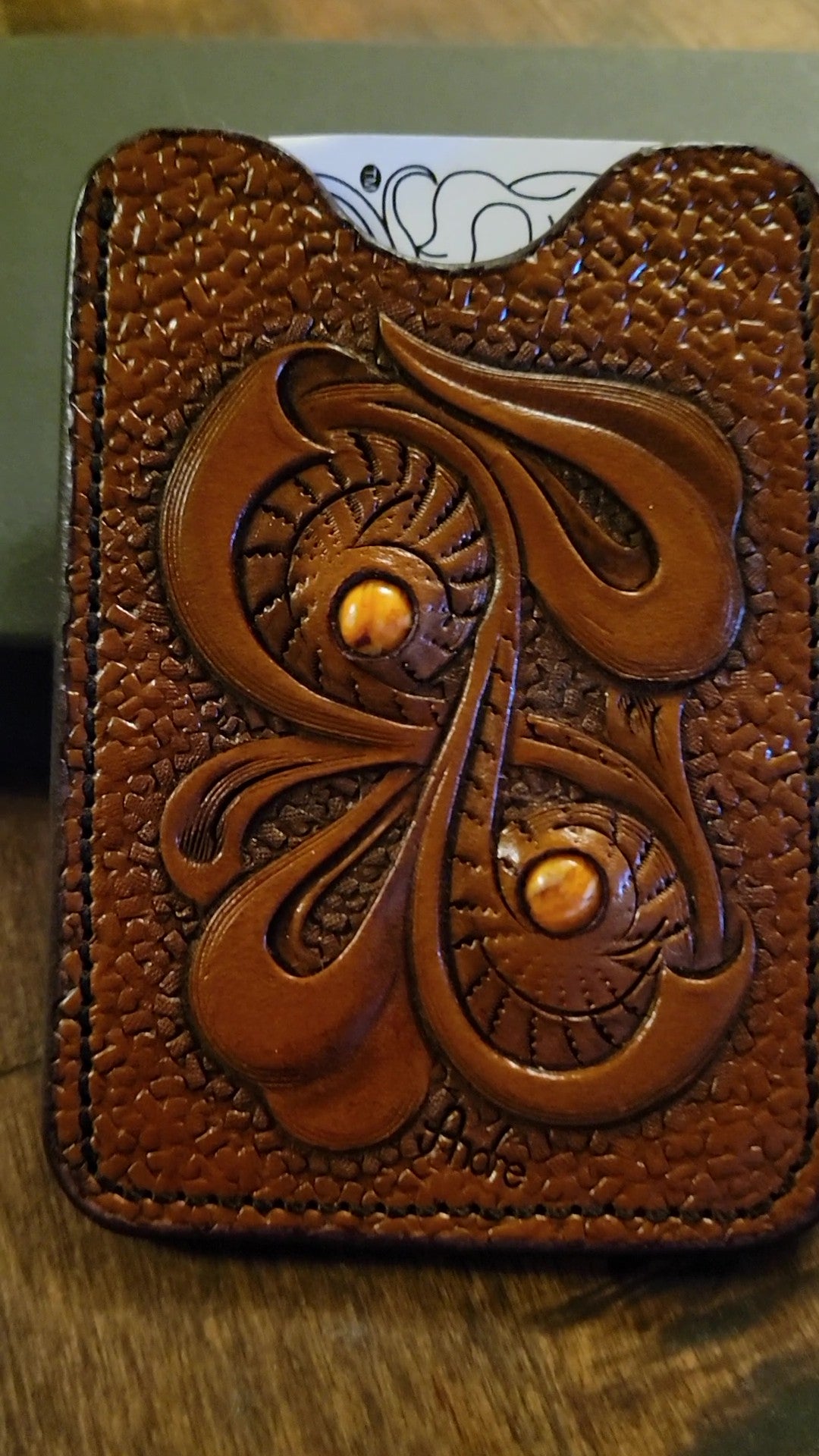 🧡 Pocket Money and Card Holder – Carved Leather Inlay with Orange Mohave Turquoise & Orange Stingray Leather