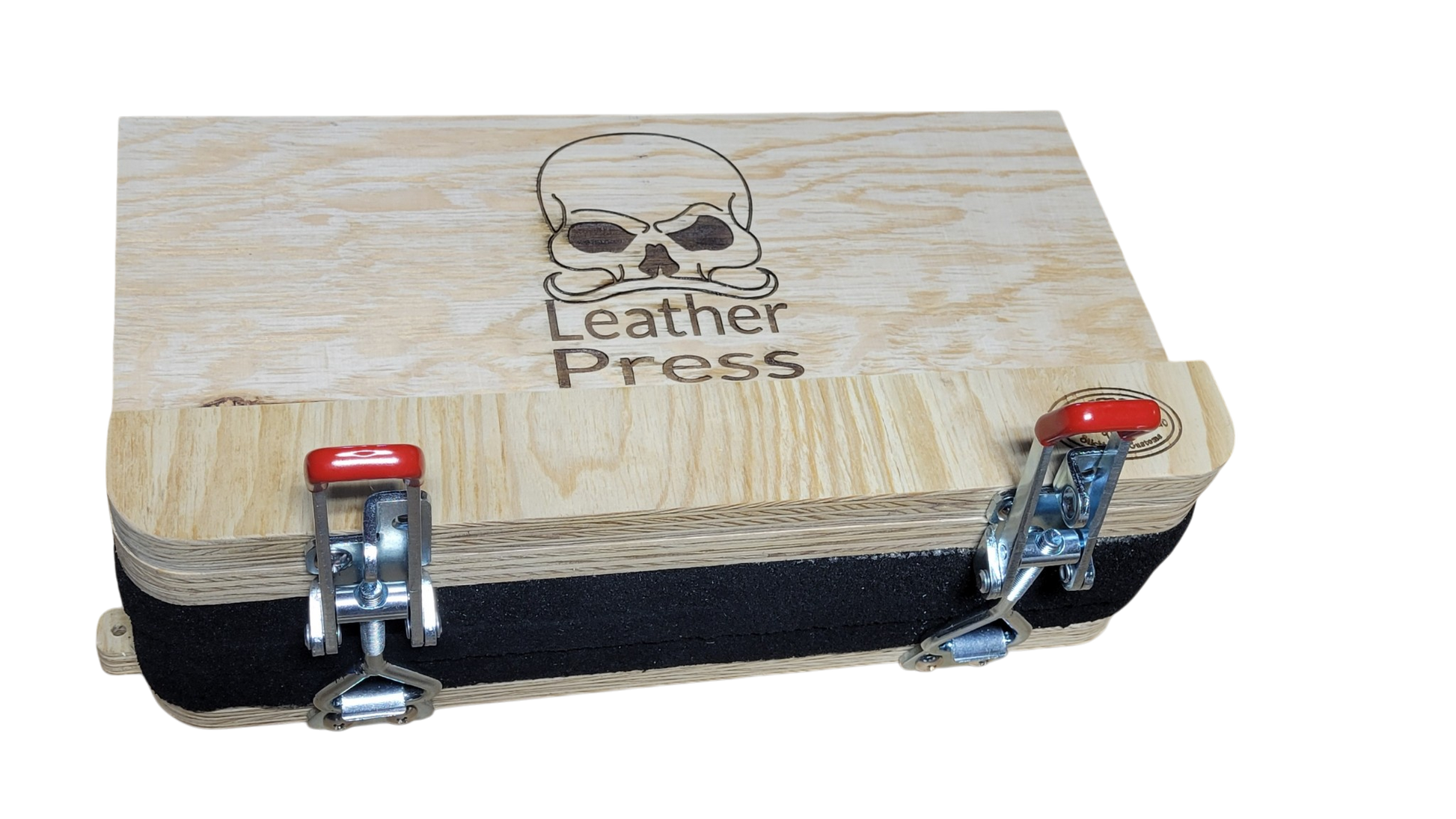 A heavy‑duty Slickbald Leather Press with steel frame and dual guide rods, designed for clean, consistent impressions in leatherwork