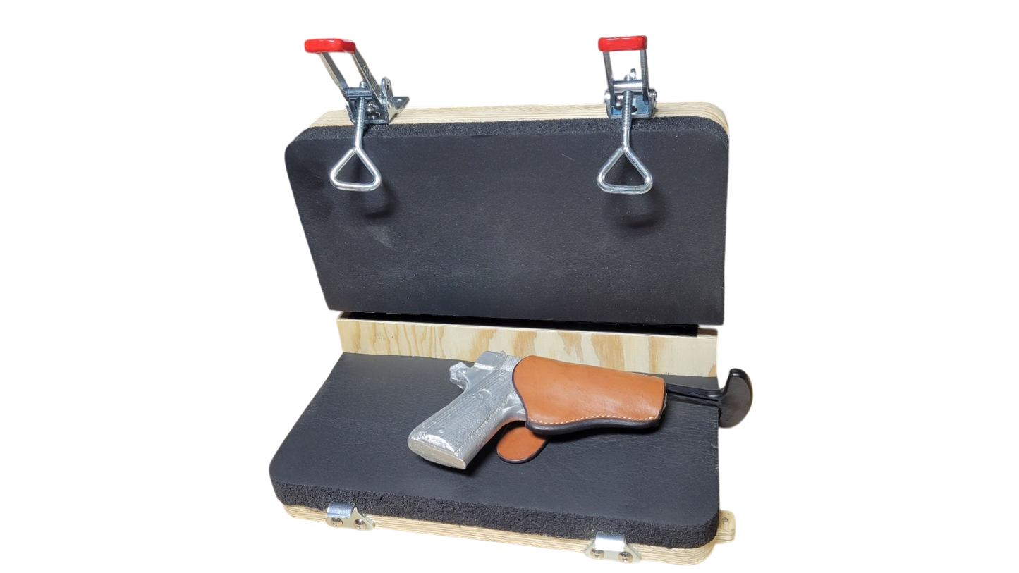 A heavy‑duty Slickbald Leather Press with steel frame and dual guide rods, designed for clean, consistent impressions in leatherwork