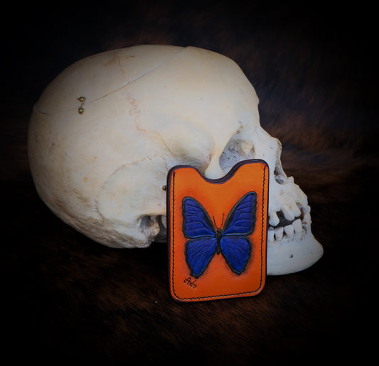 🦋 Pocket Money and Card Holder – Butterfly Carved Leather with Blue Ostrich Leg Skin