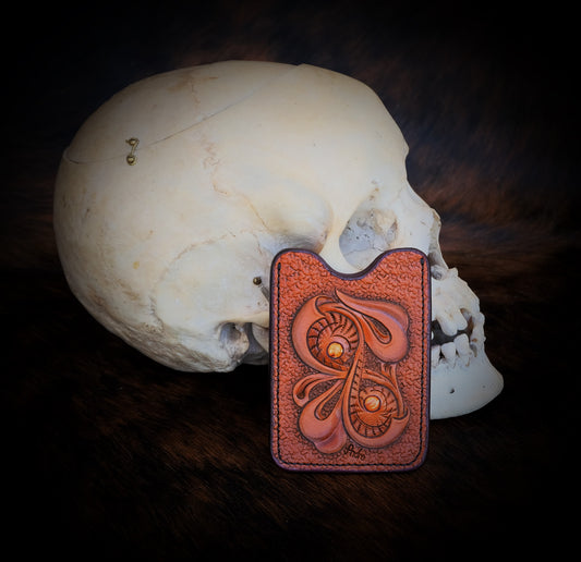 🧡 Pocket Money and Card Holder – Carved Leather Inlay with Orange Mohave Turquoise & Orange Stingray Leather