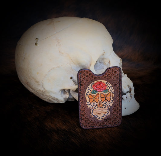 💀 Pocket Money and Card Holder – Sugar Skull Carved Leather with Brown Ostrich Skin