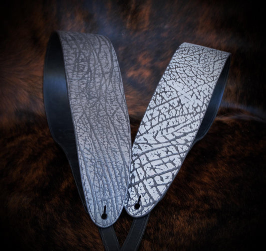 Exotic Dark Grey Wildebeest Premium Leather Guitar Strap – Handcrafted Animal Hide with Hermann Oak American Leather Lining Made in USA