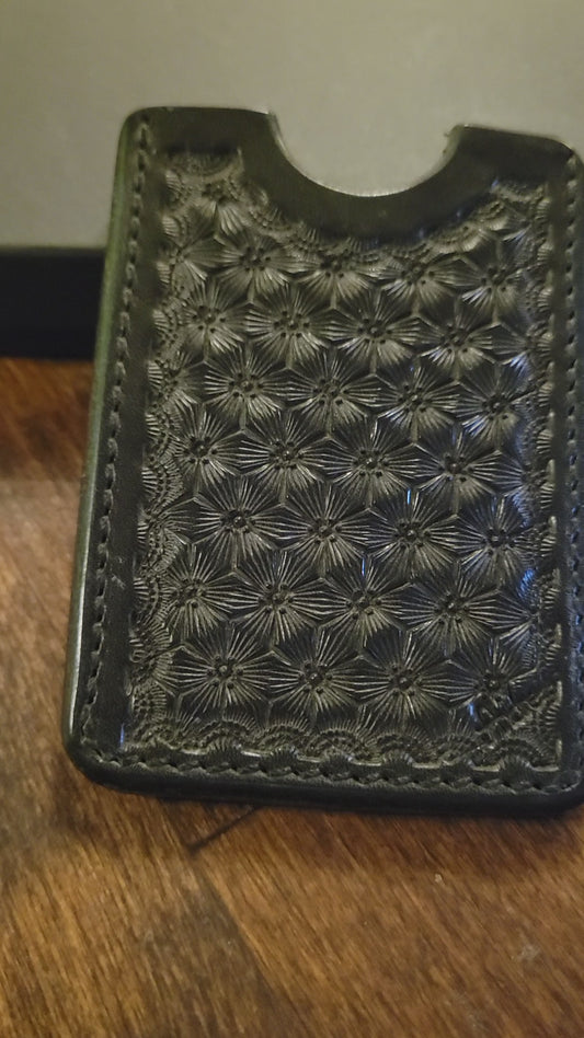 Pocket Money and Card Holder – Black Tooled Leather with Gray Elephant Ear Leather